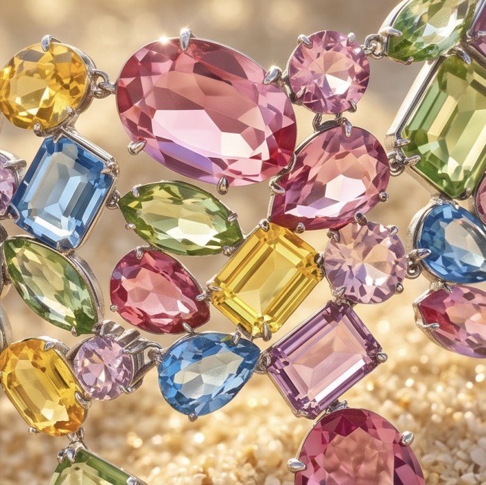 Dolce Vita 184.5 carat multicolor Topaz .925 Sterling Silver rhodium over handcrafted Statement Choker necklace - Close-up of multicolor Topaz earrings, 184.5 carats, on a sandy background.