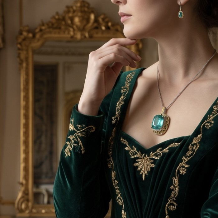 PARADISE FOUND Authentic baquette 44.7 carat Paraiba Tourmaline rhodium over .925 Sterling Silver handmade STATEMENT necklace - Aquamarine necklace worn, side view with matching earrings and velvet dress.