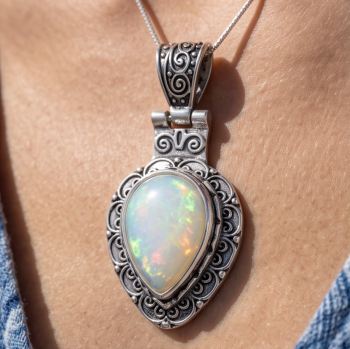 Inner Fire Natural 18.2 carat Mexican Fire Opal .925 Sterling Silver handmade Pendant - Close-up of Mexican Fire Opal pendant worn on the neck.