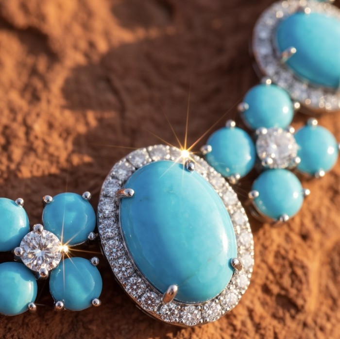 Blue Dreamland - Luxurious stabilized Turquoise .925 Sterling Silver handmade necklace - Close-up of Blue Dreamland turquoise and diamond jewelry in sunlight