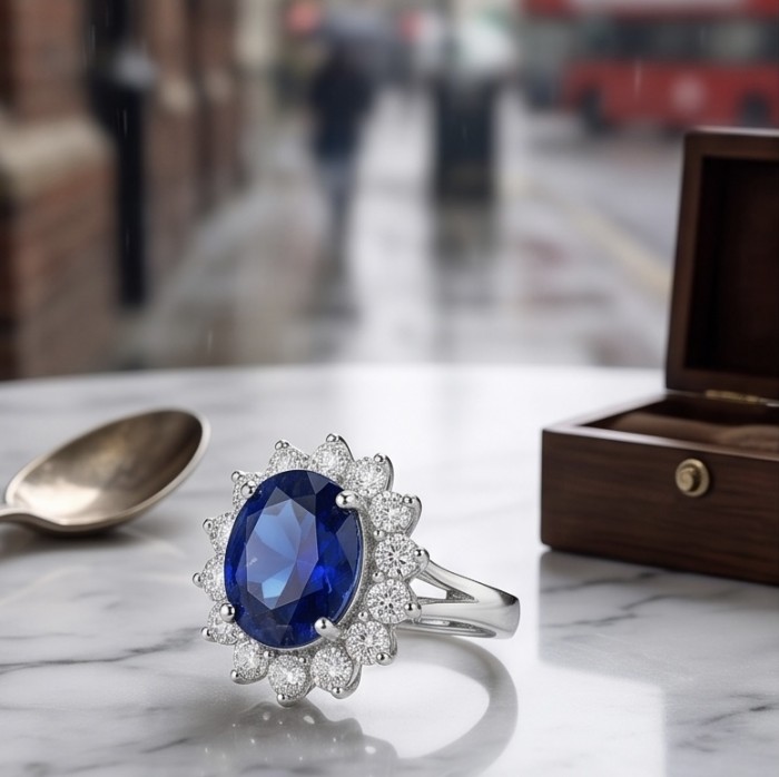 Stella oval cut 14.5 carat Sapphire .925 Sterling Silver handmade Statement ring size 7 - Close-up of 14.5 carat sapphire ring on marble surface in front of wood box.