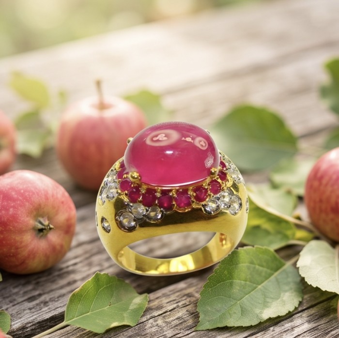 Giovanna 9.7 carat Kashmir Ruby .925 Sterling Silver dipped in 22K Gold handmade Statement Ring size 6 1/2 - Ruby ring on wood with apples and leaves, top view close-up.
