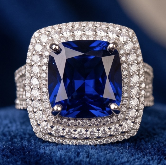 The Star of Kashmir princess cut 15.6 carat Sapphire .925 Sterling Silver handmade Statement ring size 8 - Close-up of The Star of Kashmir sapphire ring with diamond halo.