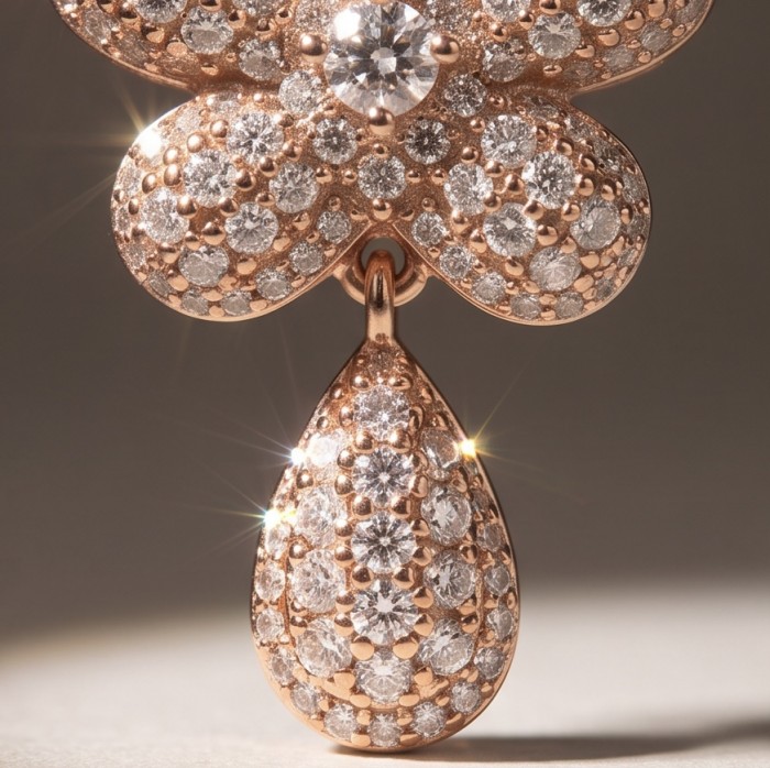 Giovanna - Authentic 5.8 carat White Topaz .925 Sterling Silver dipped in 18K Rose Gold handcrafted pendant - Close-up of floral white topaz pendant in rose gold with teardrop detail.