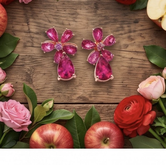 Giovanna - Magnificent floral design- 8.2 carat Kasmir Ruby .925 Sterling Silver dippedin 22K Gold handcrafted incredible Statement earrings - Top view of floral earrings with 8.2 carat Kashmir Ruby framed by roses.