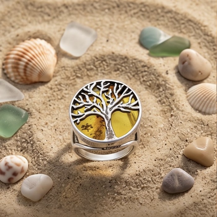 Family Tree Authentic Baltic Amber .925 Sterling Silver handcrafted ring s. 6 1/2 - Tree of life ring on sand with shells and sea glass close-up