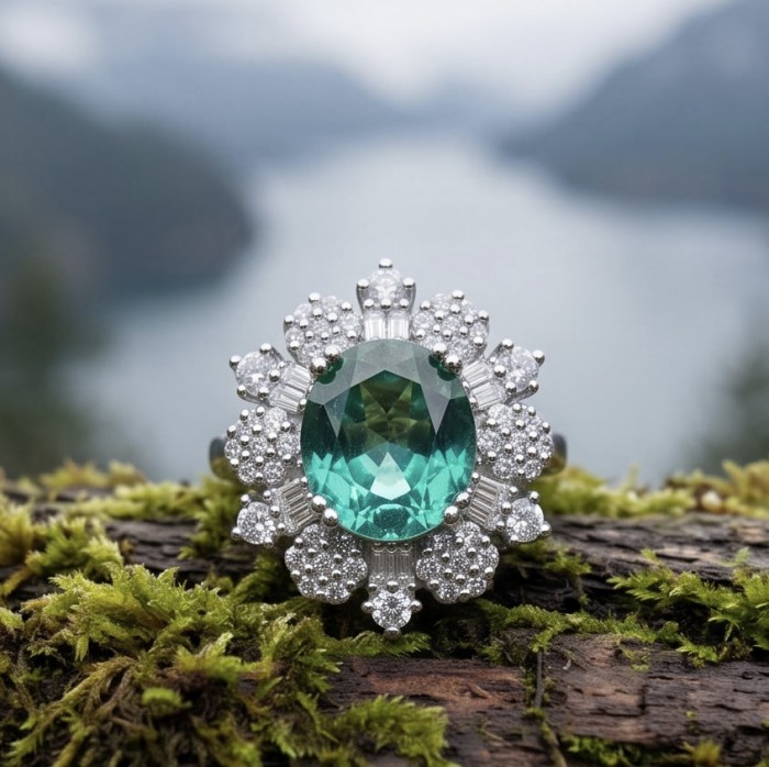 Marina Blue 10.8 carat Aquamarine rhodium over .925 Sterling Silver handcrafted ring size 7 1/2 - Aquamarine ring close-up on a mossy log, showcasing intricate details