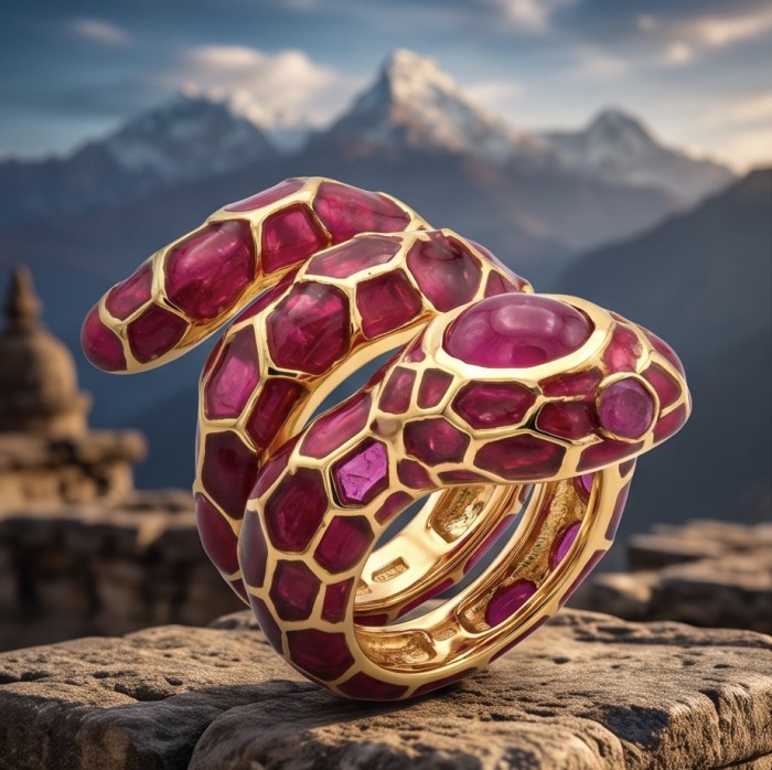 Red Snake Ruby Enamel 18K Gold over 3.5 carat Ruby 22K Gold over .925 Sterling Silver Huge handcrafted Ring s. 6 - Red snake ring with rubies and gold, detailed side view on stone.