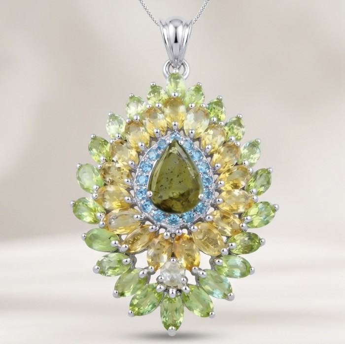 Blooming Garden 29.9 carat authentic Himalayan Peridot rhodium over .925 Sterling Silver Handcrafted Statement pendant - Front view of Blooming Garden pendant with vibrant gemstones.
