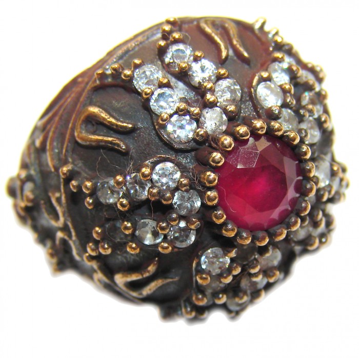 Large Victorian Style created Ruby & White Topaz Sterling Silver ring; s. 6 - photo 1