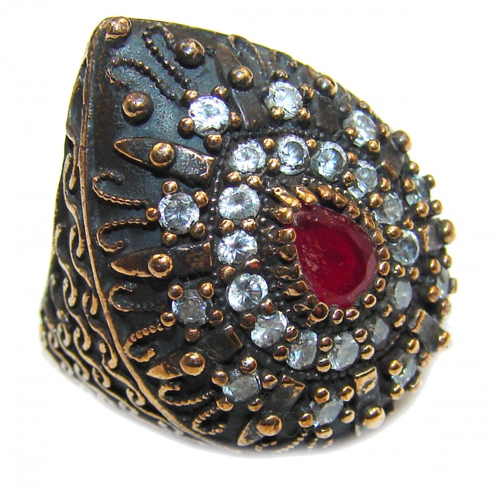 Large Victorian Style created Ruby & White Topaz Sterling Silver ring; s. 6 - photo 1