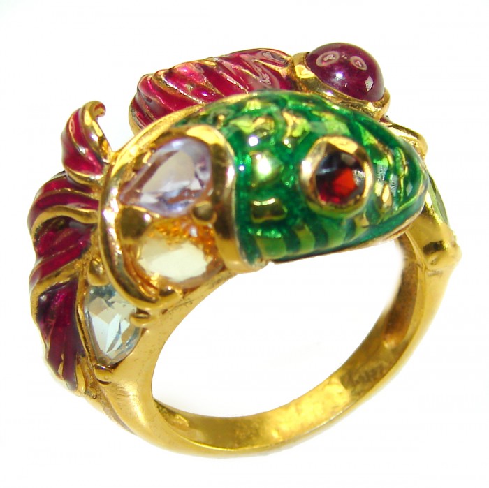 Luxurious Lucky Fish Ruby Enamel 18K Gold over .925 Sterling Silver Huge handcrafted Ring s. 7 1/4 - photo 2