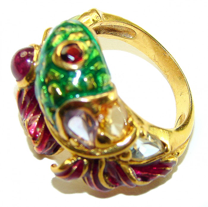 Luxurious Lucky Fish Ruby Enamel 18K Gold over .925 Sterling Silver Huge handcrafted Ring s. 7 1/4 - photo 1