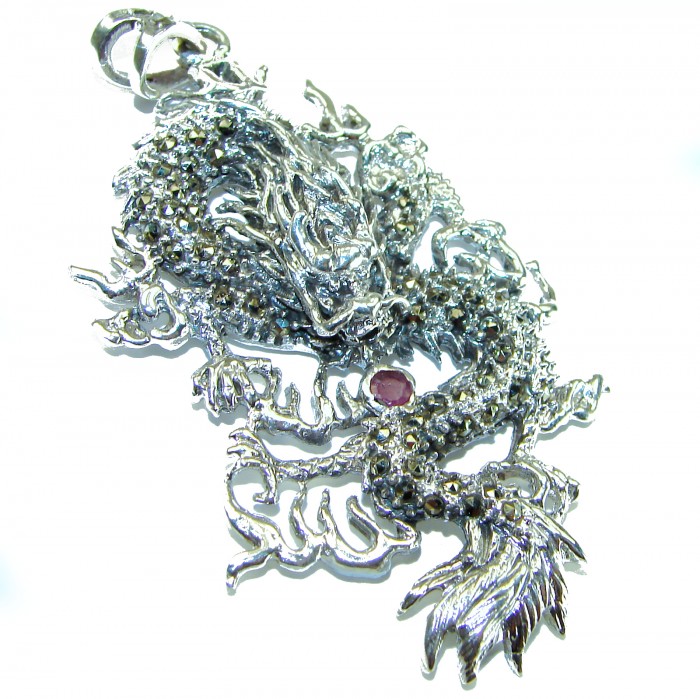 Large Flyaing Dragon Ruby Marcasite .925 Sterling Silver handcrafted Pendant - photo 2