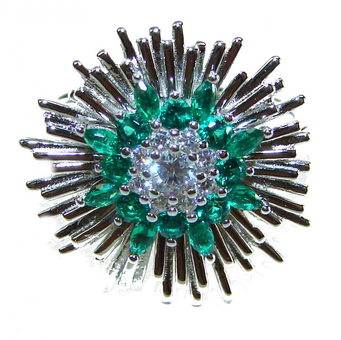 Authentic 8.2 carat Colombian Emerald .925 Sterling Silver handcrafted Ring size 6 1/4 - Close-up of Colombian Emerald brooch in sterling silver, front view.