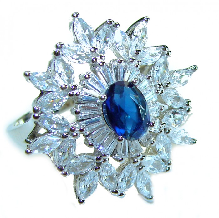 My Love 3.2 carat Sapphire .925 Sterling Silver Eternity handcrafted Ring size 7 - Close-up of sapphire and diamond cluster ring in sterling silver.