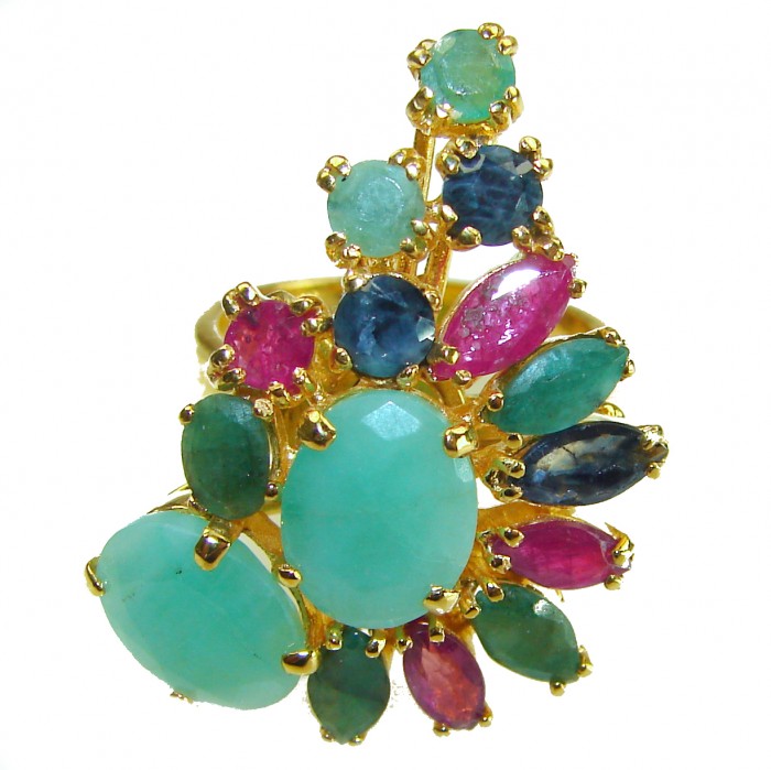 Luxurious 12.5 carat Emerald 18K Gold over .925 Sterling Silver handmade Statement Ring size 7 - Multi-gemstone cluster ring in gold, top view close-up