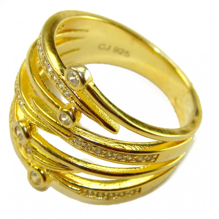 Precious 2.2 carat White Topaz .925 Silver dippedin 14K Gold handcrafted Cocktail Ring s. 7 - Gold-accented ring with white topaz, detailed side view.