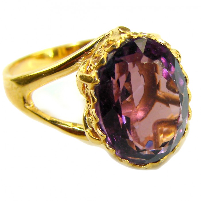 Purple Royalty 10.5 carat Amethyst .925 Sterling Silver dipped in 14K Rose Gold over Handcrafted Ring size 6 - Close-up of purple amethyst ring with gold-toned setting
