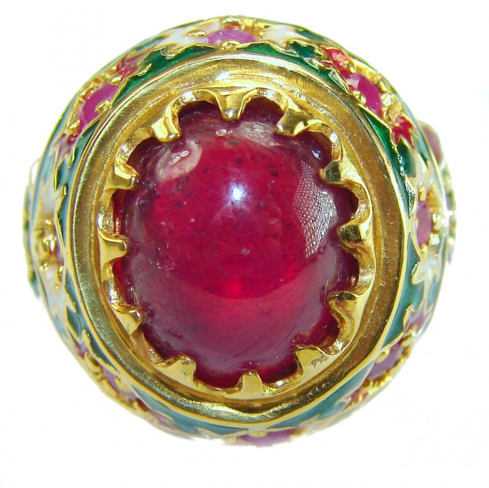 Divine Creation 10.5 carat Mozambique Ruby Enamel 18K Gold over .925 Sterling Silver handcrafted Ring s. 8 1/4 - Stone close-up of 10.5 carat Mozambique Ruby in 18K gold with enamel.