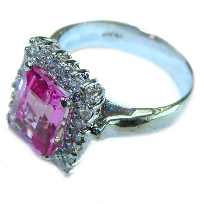 Blooming Beauty 5.8 carat Pink Sapphire .925 Silver handcrafted Cocktail Ring s. 5 1/2 - Side view of Blooming Beauty pink sapphire ring in silver.