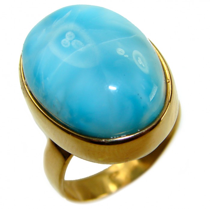 Blue Perfection AAAA QUALITY Blue Larimar 18K Gold over .925 Sterling Silver handmade Large ring size 8 adjustable - Blue Larimar ring in 18K gold, angled top view, stone close-up.