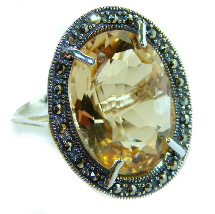 Solid 27.8 carat Genuine Lemon Quartz .925 Sterling Silver handcrafted ring size 8 - Close-up of lemon quartz ring with marcasite accents in sterling silver