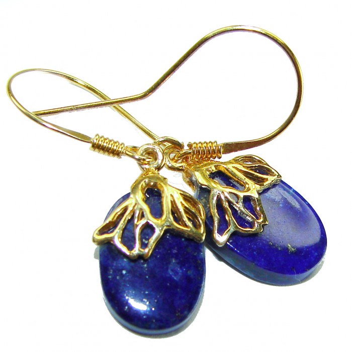 Perfect genuine Blue Lapis Lazuli .925 Sterling Silver dipped in 14K Gold handmade earrings - Close-up of blue lapis lazuli earrings with gold accents.
