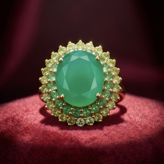 Elizabeth oval cut 14.4 carat Colombian Emerald 8.2 carat Peridot .925 Sterling Silver dipped in 22K Rose Gold handcrafted Ring size 6 3/4 - Close-up of an oval-cut Colombian emerald ring with surrounding stones.