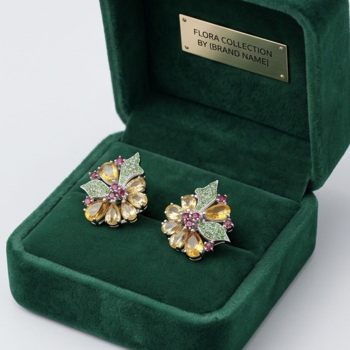 Vivien Luxurious Style - Natural 19.2 carat Brazilian Citrine .925 Sterling Silver dipped in rhodium handmade earrings - Jewelry in green box, top view; floral design with yellow and green stones