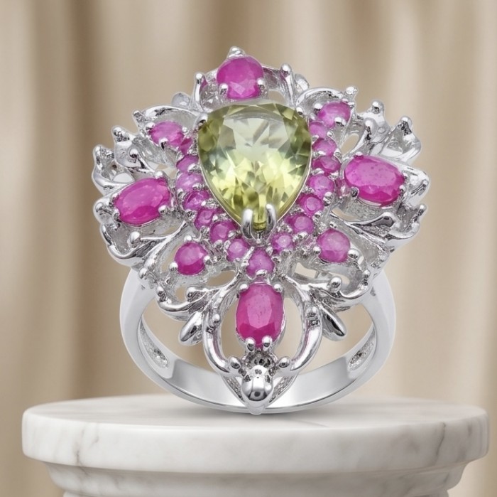 Giovanna - Authentic 17.9 carat Green Amethyst Ruby .925 Sterling Silver dipped in rhodium handcrafted Statement Ring size 7 - Front view of Giovanna ring with green amethyst and ruby accents.