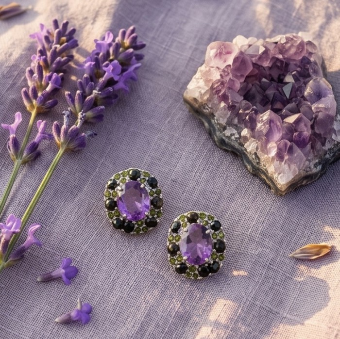 Francesca Genuine 8.9 carat Brazilian Amethyst rhodium over .925 Sterling Silver handcrafted Statement handcrafted earrings - Amethyst earrings with lavender and crystal accents, top view.