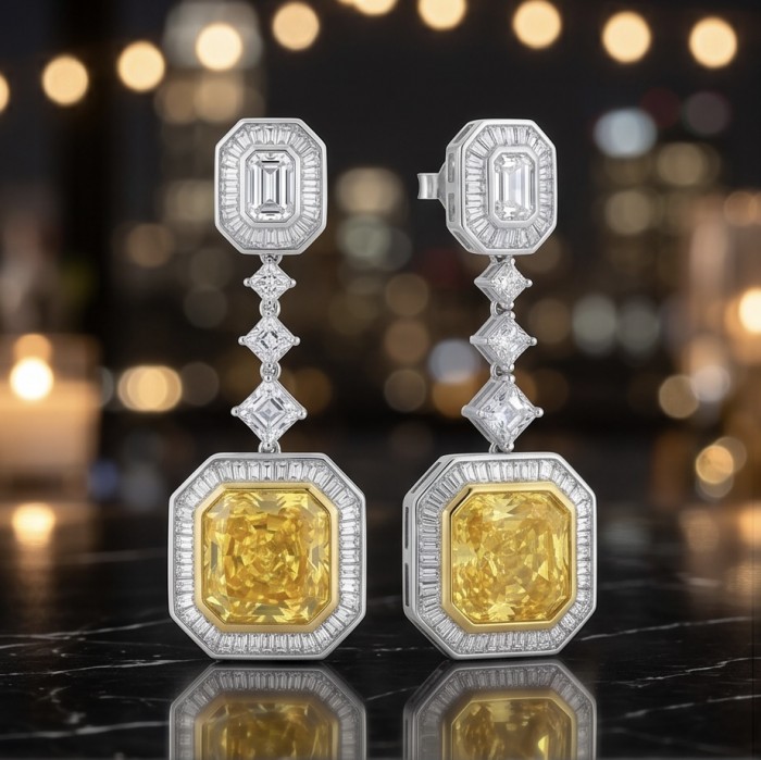 Art Deco - Luxurious assher cut 20.5 carat Yellow Sapphire 18K Gold over .925 Sterling Silver handcrafted earrings - Art Deco earrings with yellow sapphires on a luxurious background.