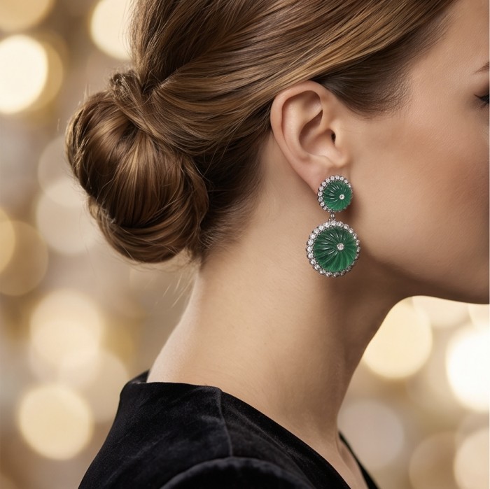 Art Deco - Rio de Janeiro - 41.2 carat carved Apatite .925 Sterling Silver handmade Earrings - Side view: woman wearing Art Deco earrings with carved Apatite stones.