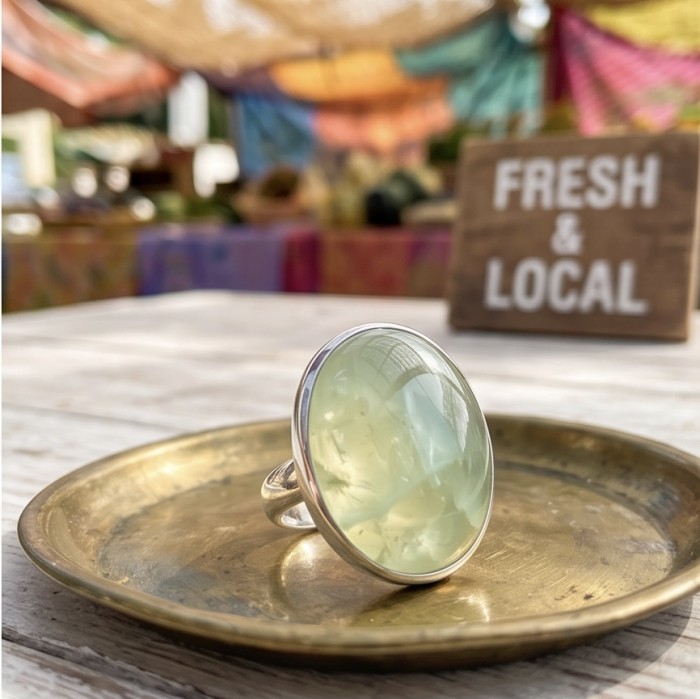 Outstanding LARGE 29.5 carat Natural Prehnite from Scotland .925 Sterling Silver handmade ring s. 9 1/2 - Stone close-up of large 29.5 carat natural Prehnite ring on brass dish