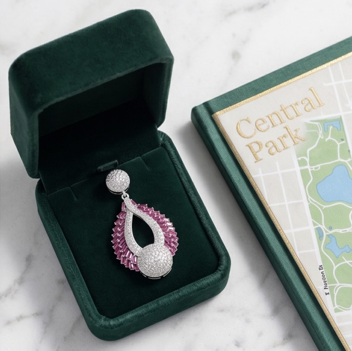 Antonina - 6.5 carat Ruby .925 Sterling Silver dipped in rhodium handcrafted incredible Pendant - Earring in case next to Central Park map; top view.