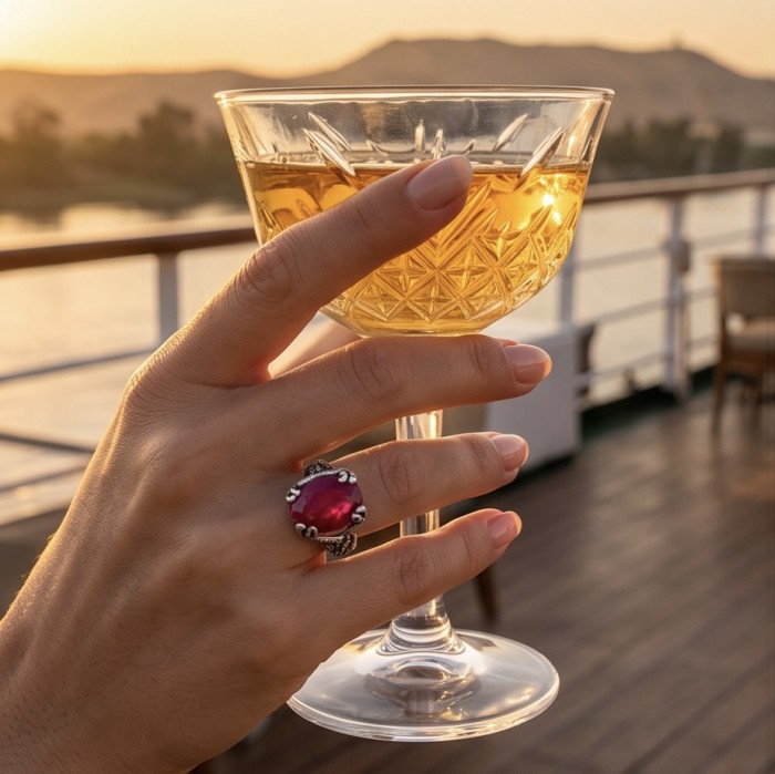 Born to Glam authentic 11.2 carat Ruby rhodium over .925 Silver handcrafted Ring s. 7 - Close-up of 11.2 carat ruby ring worn on hand holding a glass.