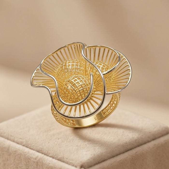 GOLDEN ROSE- Dubai Style - .925 Sterling Silver dipped in 22K Gold handmade Large ring size 7 1/4 - Golden rose Dubai-style ring, front angle, intricate design detail.