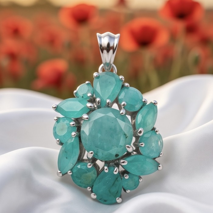 Luxurious vintage style 22.5 carat Colombian Emerald .925 Sterling Silver handmade Pendant - Close-up of vintage style Colombian Emerald pendant on fabric backdrop