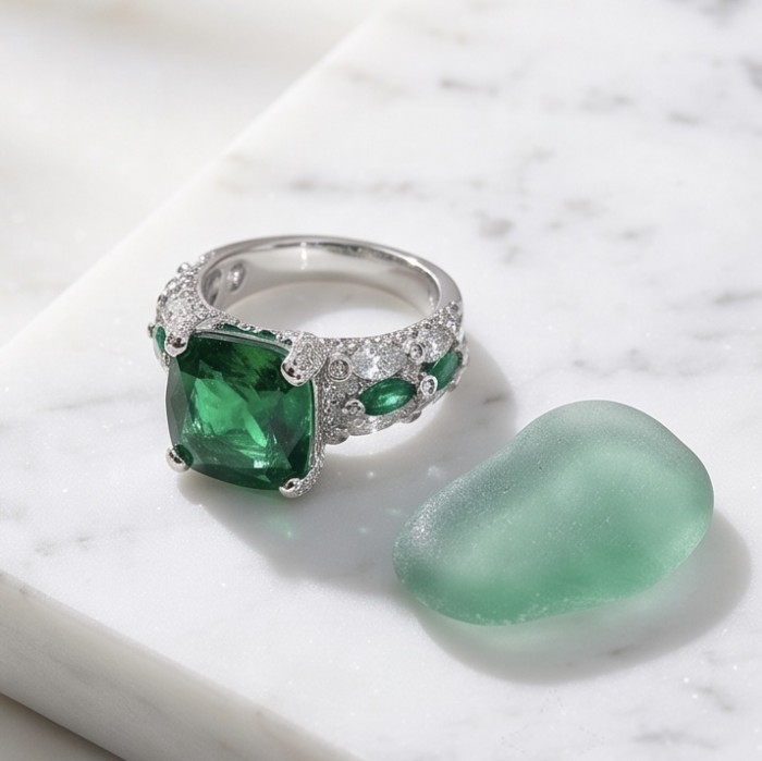Top quality - Real Treasure assher cut 17.2 carat Chrome Diopside .925 Sterling Silver Ring size 7 - Top quality assher cut ring close-up with green stone and setting detail.