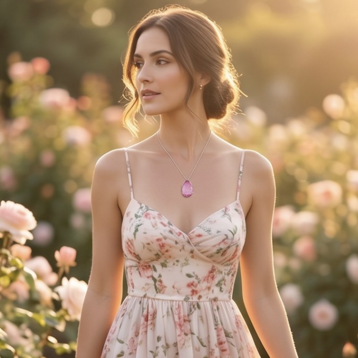 Angelina 10.9 carat authentic Pink Tourmaline .925 Sterling Silver Handcrafted handmade Pendant - Woman wearing pink tourmaline necklace in flower garden, side view.