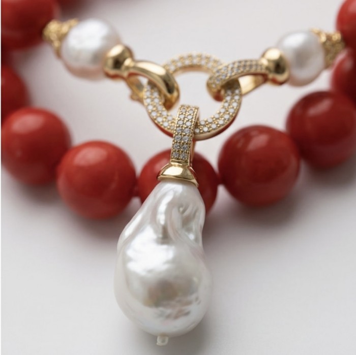 Konstancia Sublime natural Red Fossilized Coral Sterling Silver handmade Necklace - Close-up of Konstancia red coral and pearl necklace detail