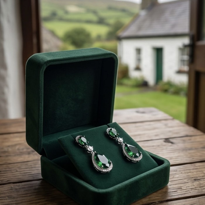 Tiffany - Authentic 15.5 CARAT Siberian Chrome Diopside rhodium over .925 Sterling Silver handcrafted earrings - Elegant emerald earrings in velvet box on wooden table, scenic view in background.