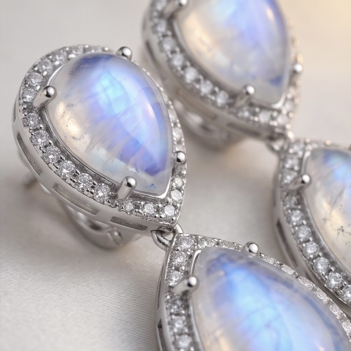 Cascades OF LIGHT Genuine 12.2 carat Fire Moonstone rhodium over .925 Silver handcrafted earrings - photo 3