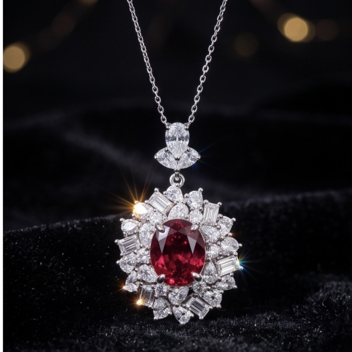 Luxurious 9.9 carat natural Mozambique Ruby .925 Sterling Silver .925 Sterling Silver Statement Necklace - Close-up of luxurious ruby and diamond pendant necklace on velvet backdrop