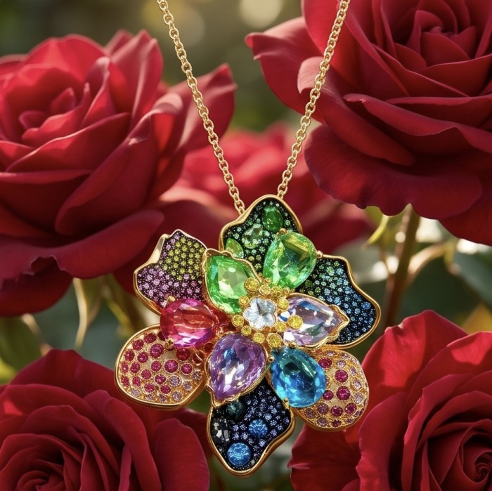 Wonderland 68.5 carat multicolor Topaz 14K Gold over .925 Silver handcrafted Statement necklace - Multicolor topaz pendant close-up against red roses.