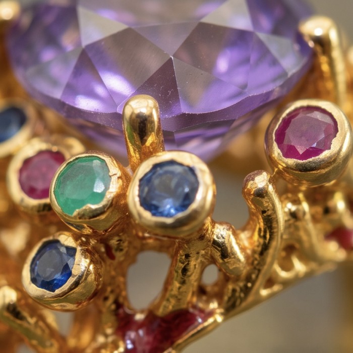 Melissa 17.5 carat Pink Amethyst Enamel 22K Gold over .925 Silver handcrafted Cocktail Ring s. 6 3/4 - Close-up of gold ring with pink amethyst and colorful gemstones