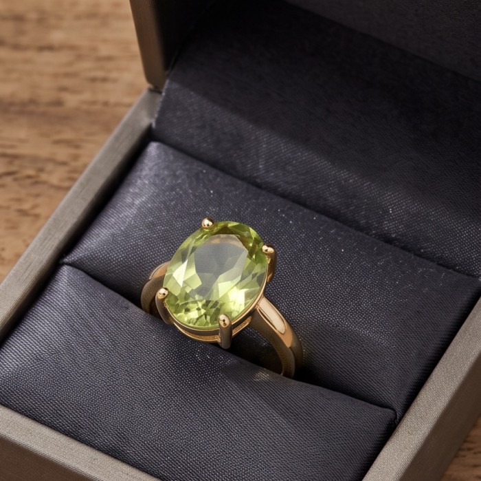 Nature 10.9 carat authentic Himalayan Peridot .925 Sterling Silver dippedin 22K Gold Handcrafted Statement Ring size 6 - Close-up of Himalayan Peridot ring in a box, oval stone set in gold.