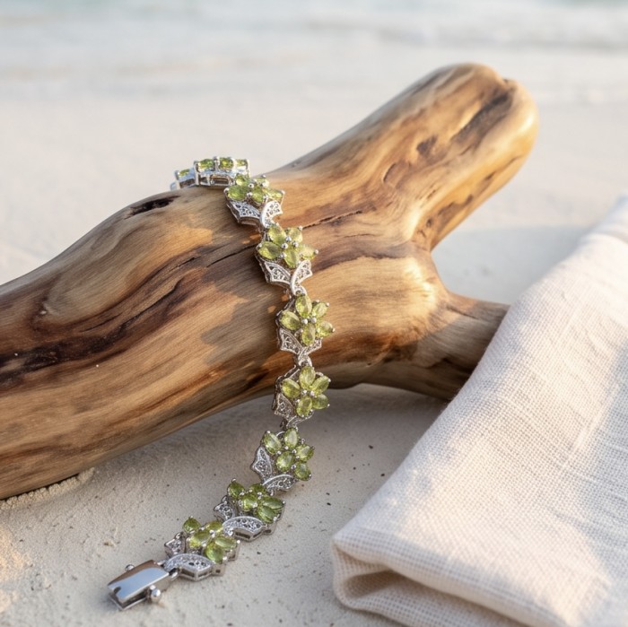 Vittoria Natural 29.8 carat Brazilian Peridot Rhodium over .925 Sterling Silver handmade Statement Bracelet - Peridot bracelet on driftwood, side view, sandy beach background.