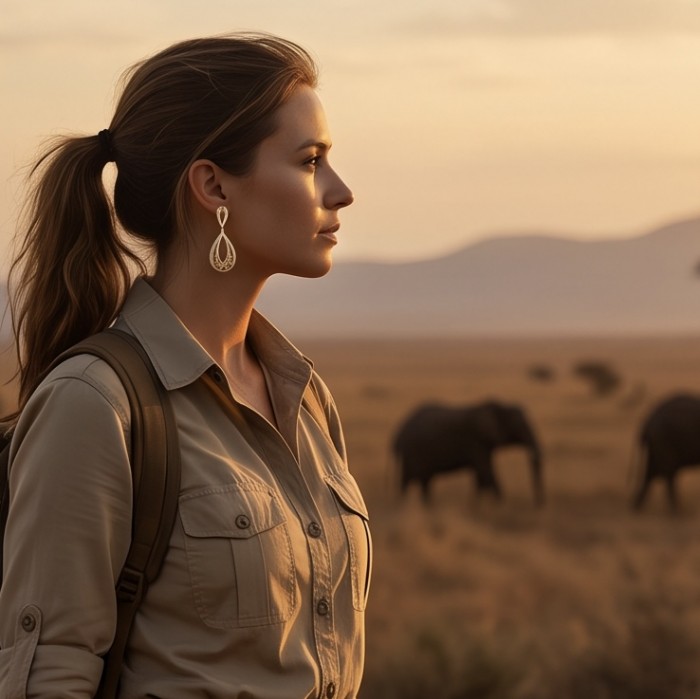 Black Label Collection - Dubai Style - Natural 22K Gold over .925 Sterling Silver handmade earrings - Side view of woman wearing gold earrings in safari setting.